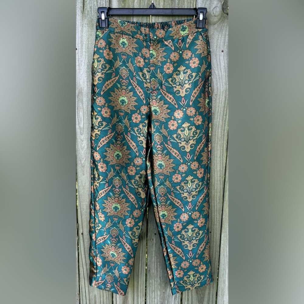 Maeve Teal and Gold Patterned Cropped Pants